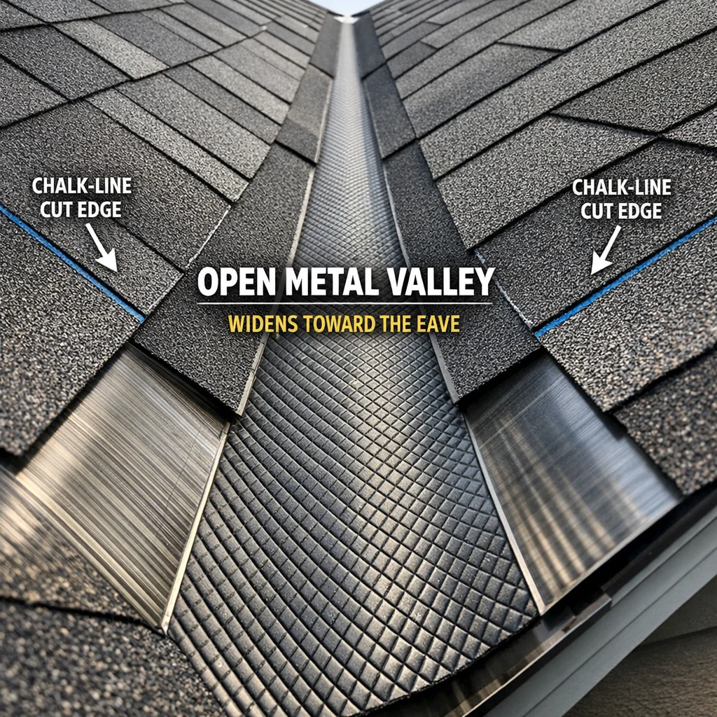Close-up of an open metal valley during asphalt shingles installation, showing woven liner, chalk-cut edges, and widening cha