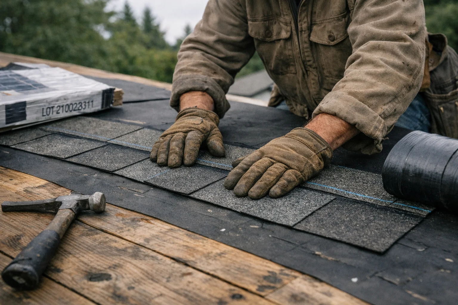 Step-by-step asphalt shingles installation showing roof layers including underlayment, drip edge, and shingles.