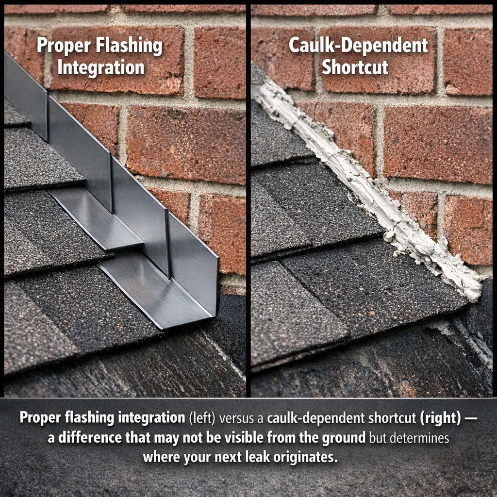 Side-by-side comparison of proper step flashing versus caulk-only sealing at a wall-to-roof junction, affecting average roof