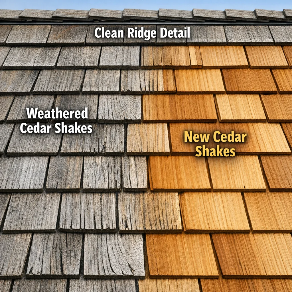 Aged silver-gray cedar shakes beside fresh replacements on a residential roof, installed by a cedar roofing company