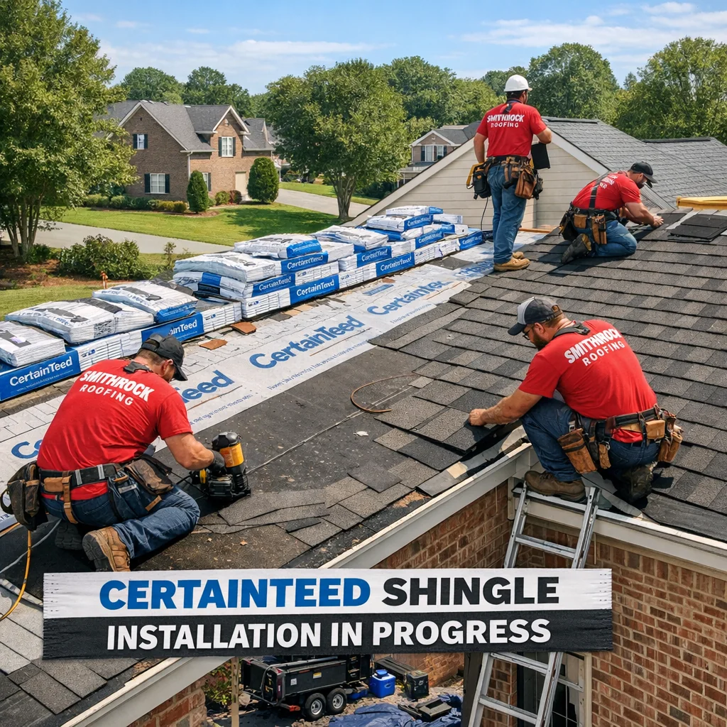 Smithrock Roofing crew installing CertainTeed shingles on a residential roof in NC Triad, a top centimark roofing company alt