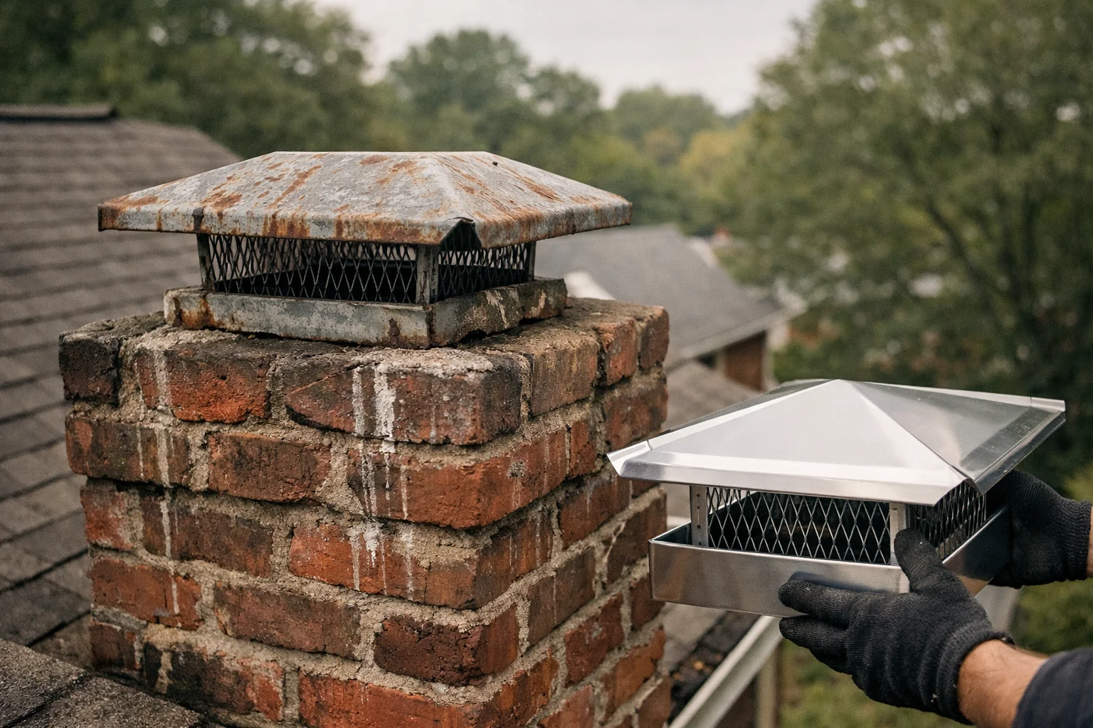 Close-up of a chimney cover replacement showing a stainless steel cap installed on a masonry chimney crown
