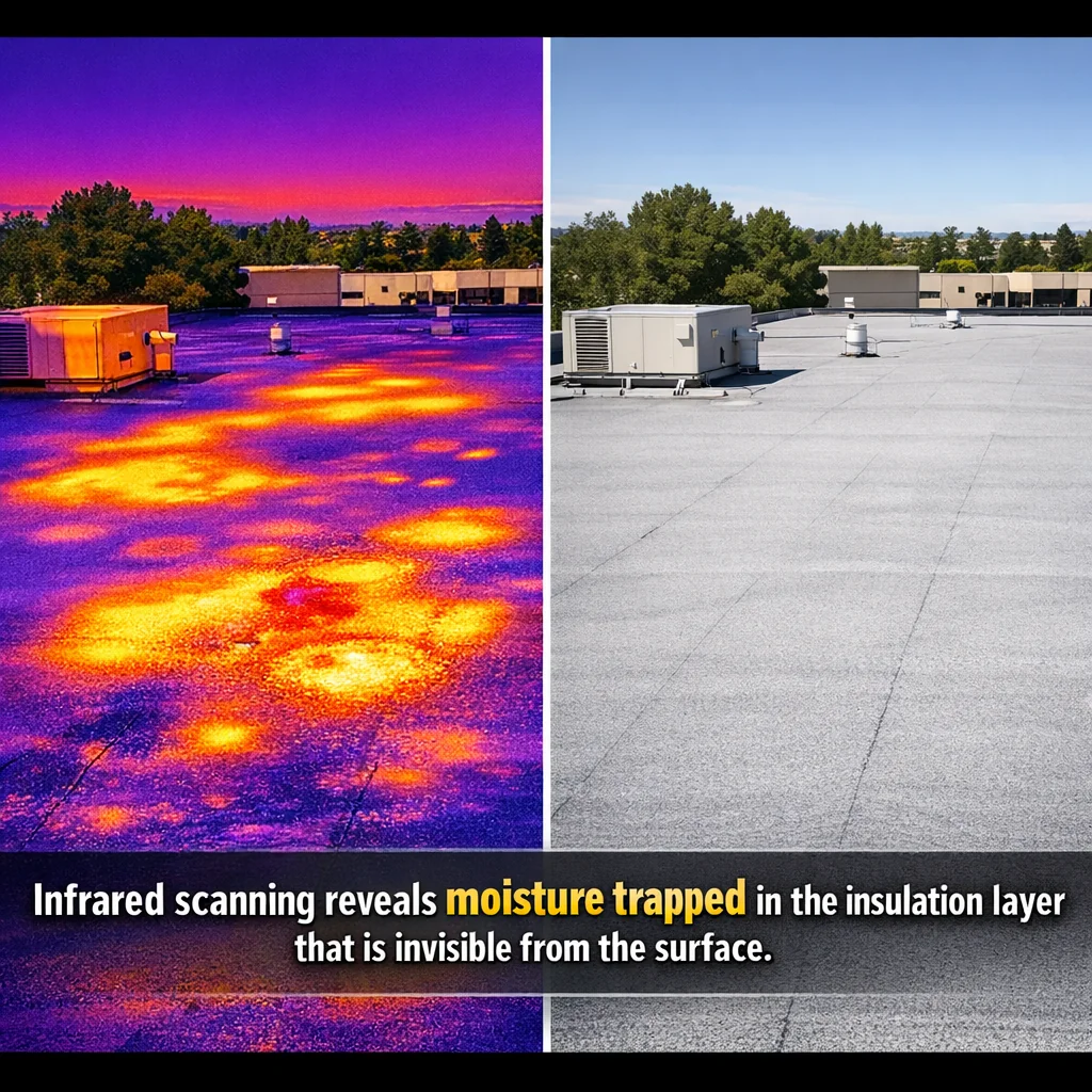 Infrared thermal scan beside a visually uniform commercial flat roof surface, revealing hidden moisture-saturated insulation