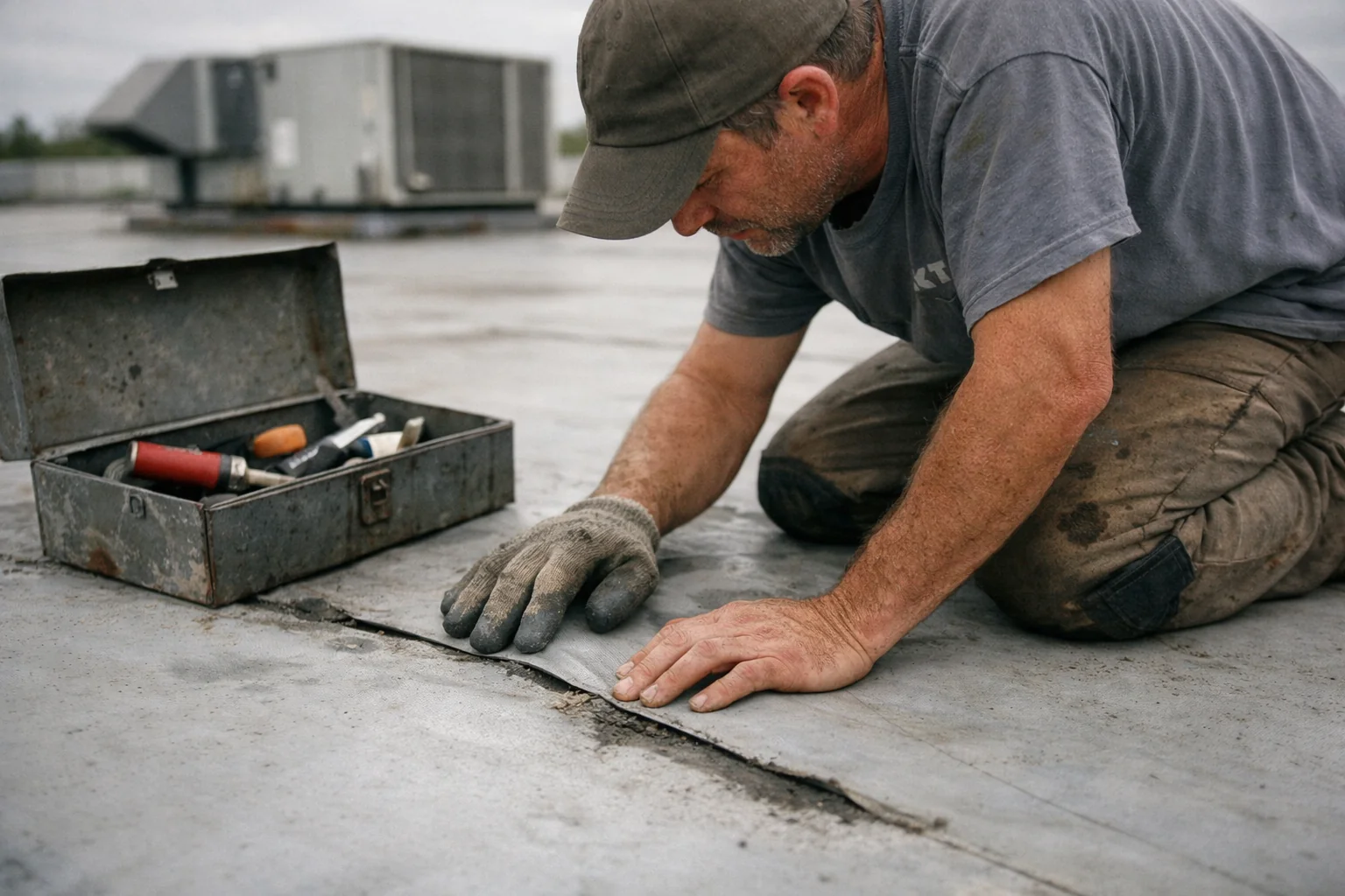 Cross-section diagram of commercial flat roof repair showing membrane, insulation, and deck layers in NC Triad.