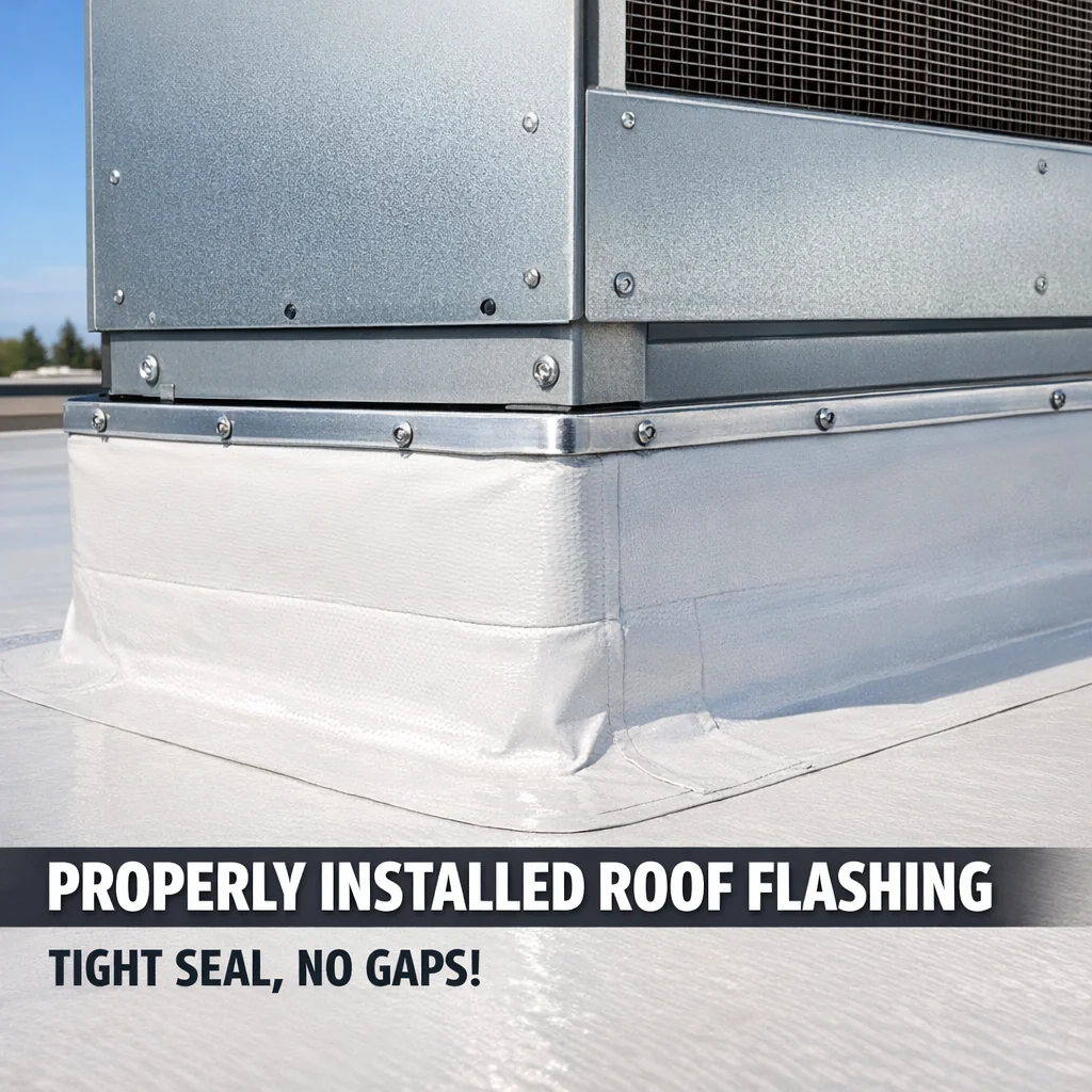 Close-up of properly installed commercial roof flashing at an HVAC curb, showing seamless membrane termination with no gaps.