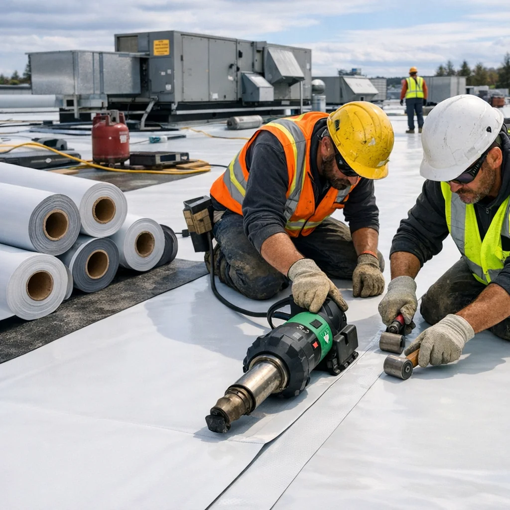 Commercial roofing installers heat-welding TPO membrane seams on a flat rooftop, with HVAC units and staged material rolls ne