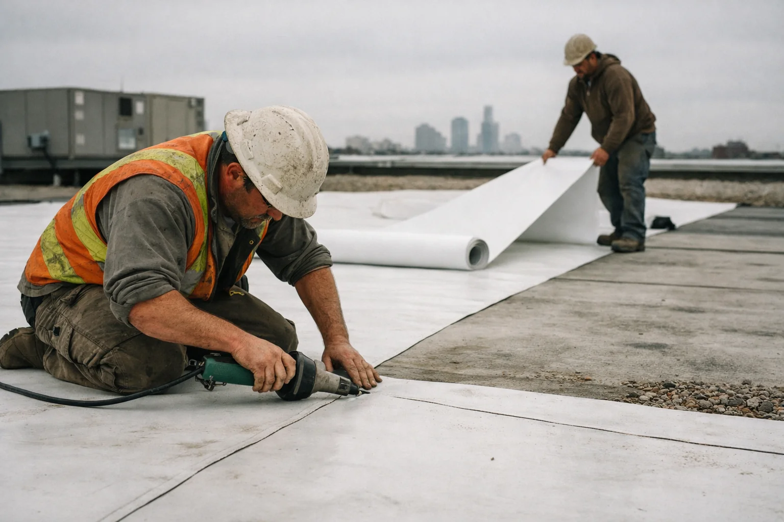 Certified commercial roofing installers applying membrane to a large flat roof on a commercial building