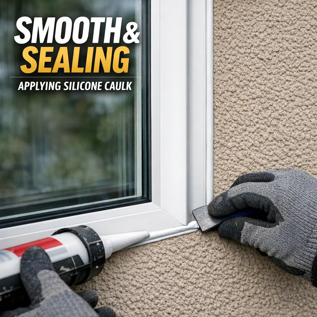 Professional installer applying smooth silicone caulk around a double pane window installation, sealing the frame-to-wall joi