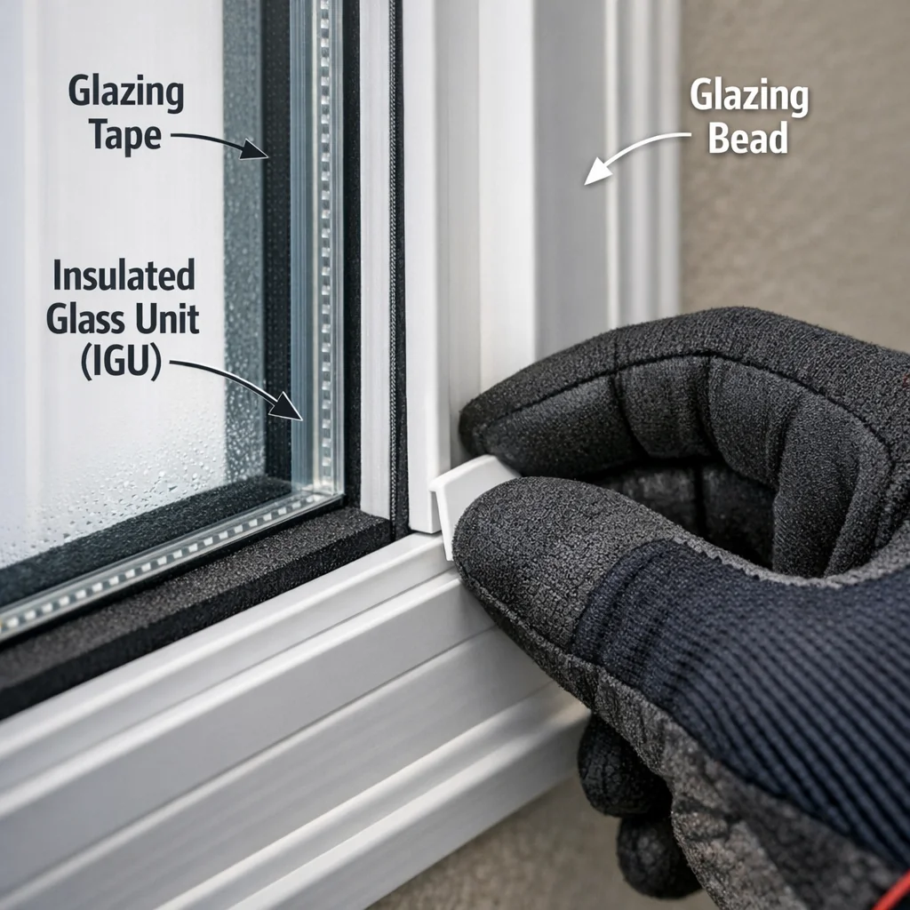 Gloved hand pressing glazing bead trim into window frame during double pane window replacement, showing seated IGU with glazi