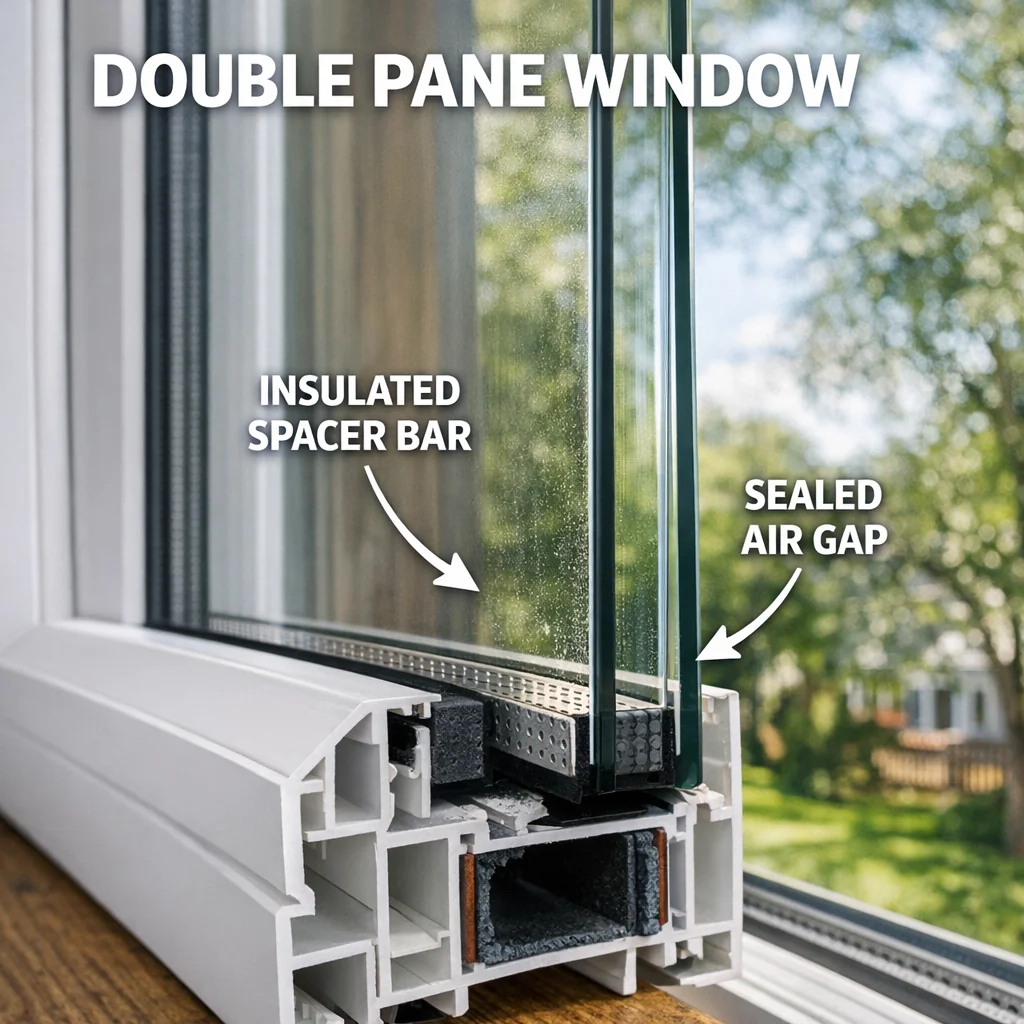 Close-up of a double pane window cross-section showing the sealed gap, spacer bar, and frame with an exterior view through th
