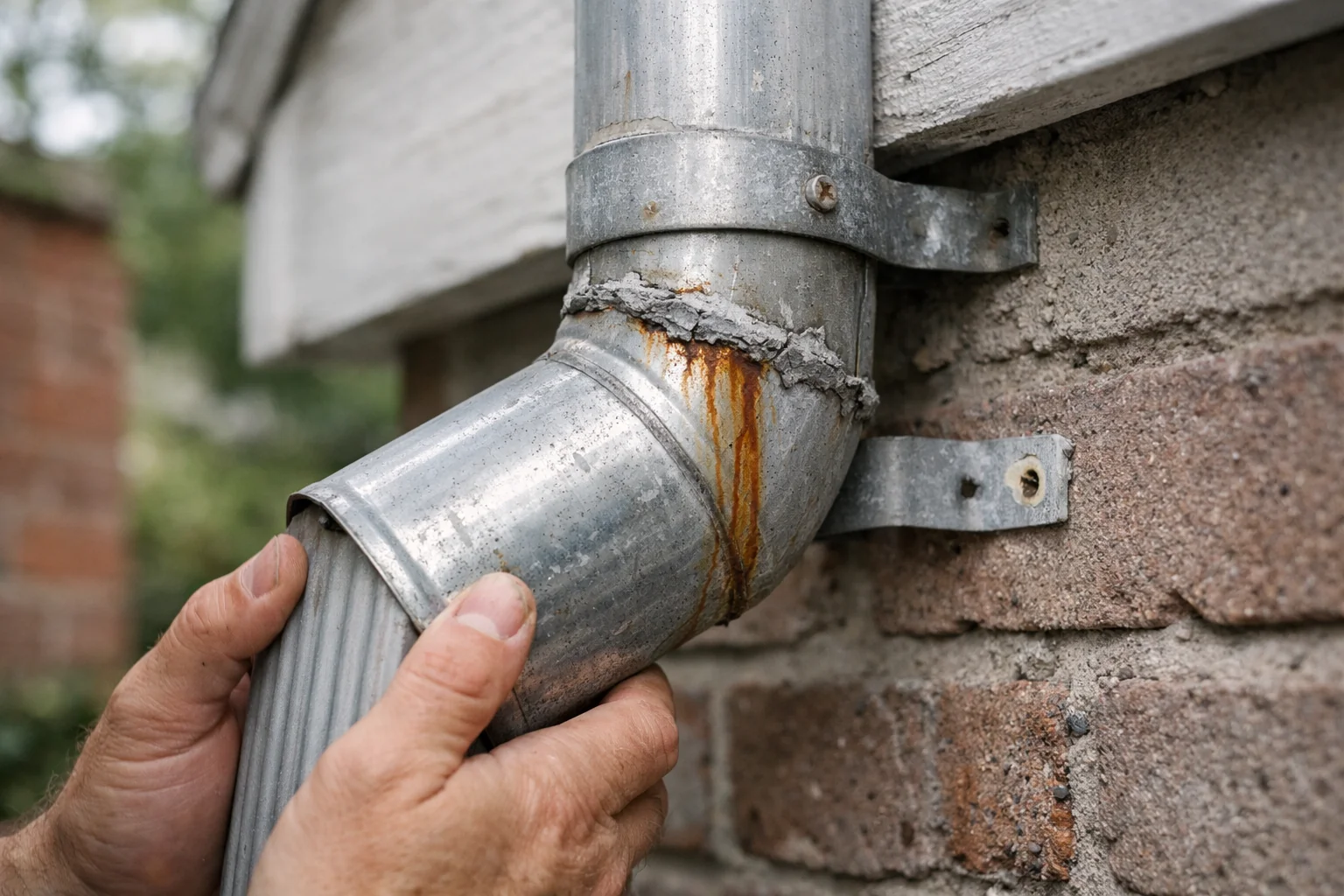 Close-up of a downspout repair showing a leaking joint seam and loose wall bracket on a residential gutter system.