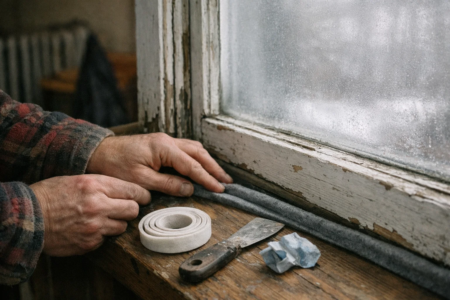 Close-up of a drafty window with visible cold air gap around the frame in a home interior