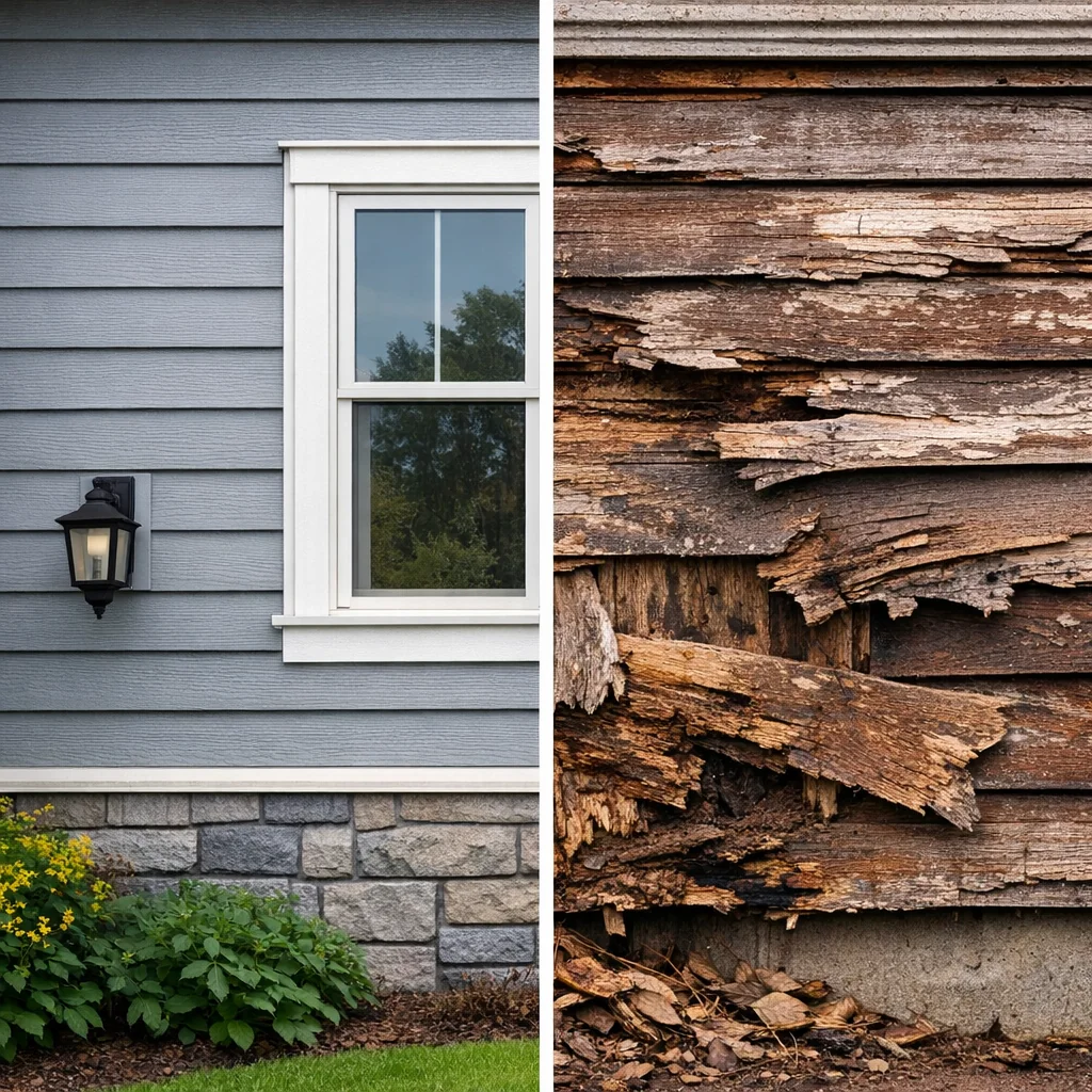 Fiber cement siding in good condition beside warped, rotting wood siding showing why financing for siding repairs may be urge
