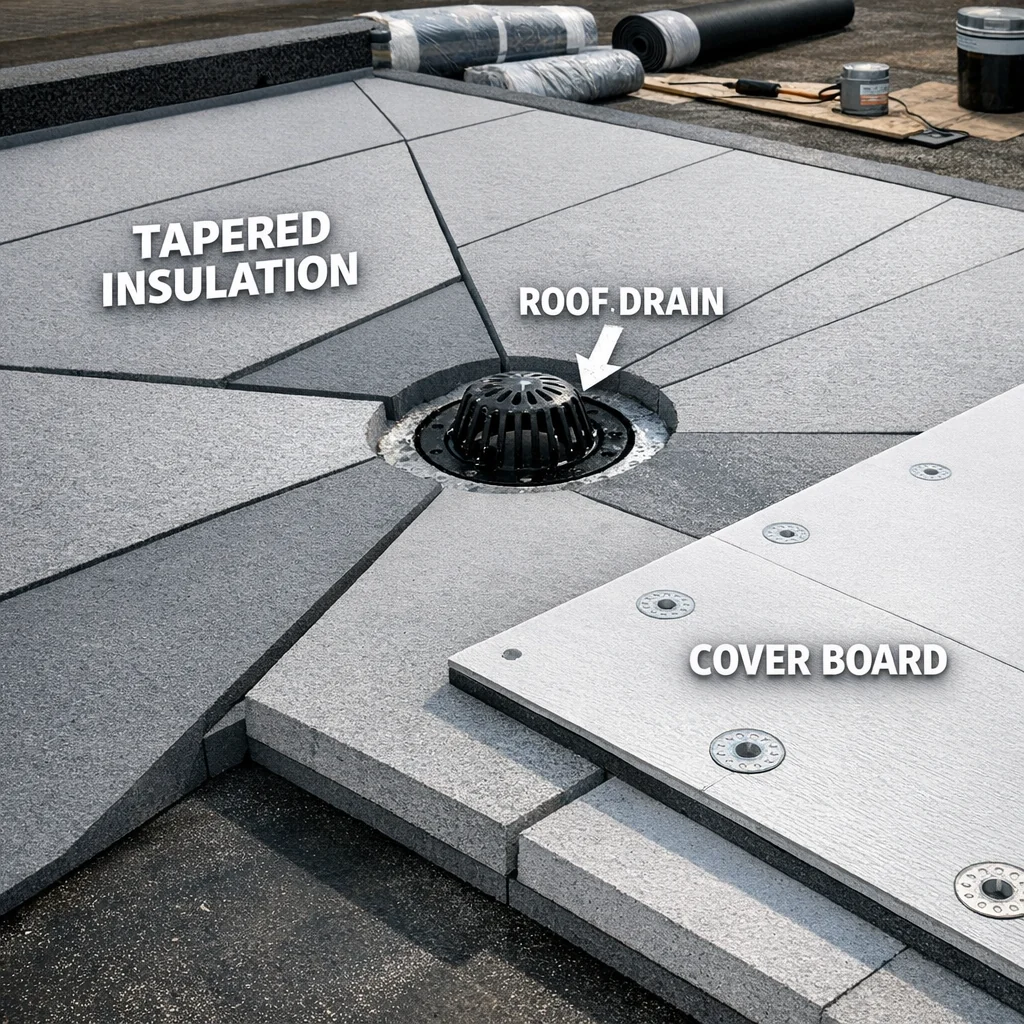 Tapered insulation panels arranged for drainage during flat roof installation, with cover board partially laid over one secti