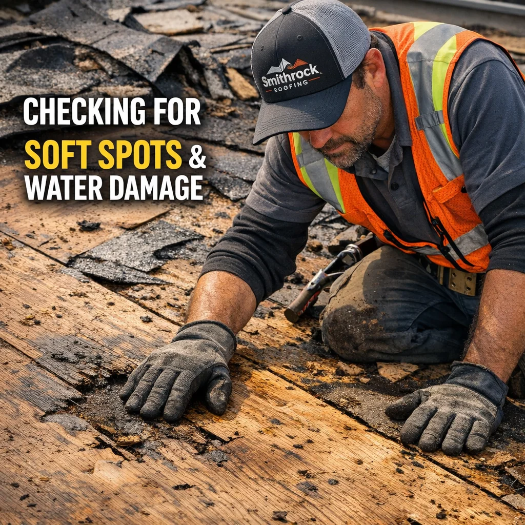 Roofing contractor inspecting exposed flat roof decking for damage during a tear-off as part of a flat roof replacement estim