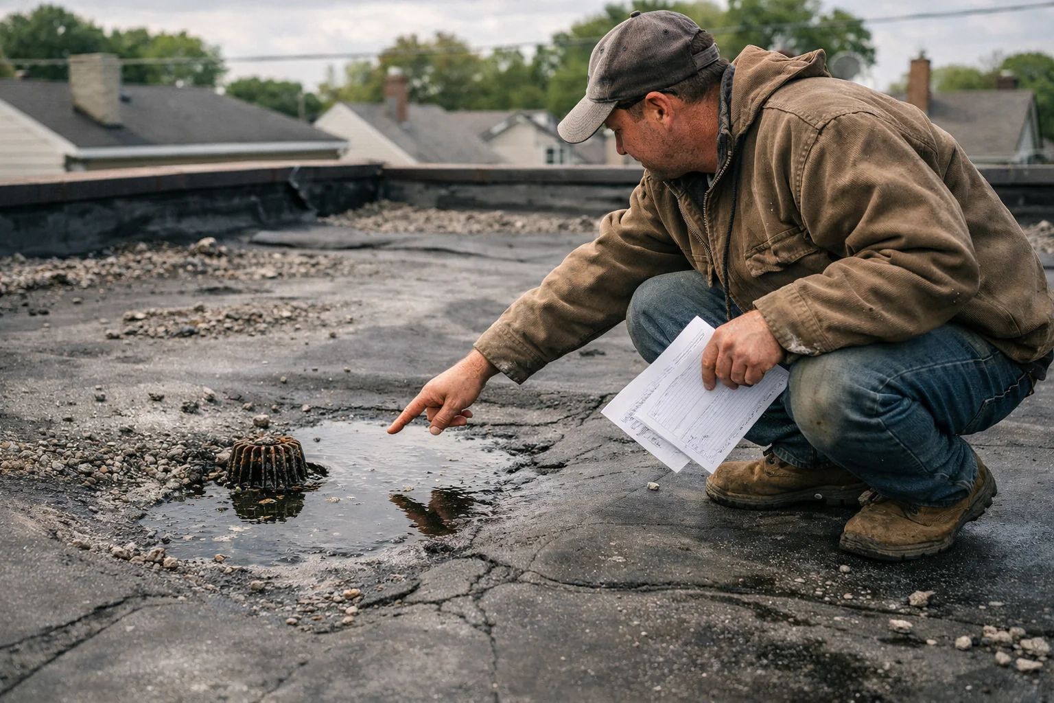 Contractor reviewing a flat roof replacement estimate on a commercial building with visible membrane roofing system