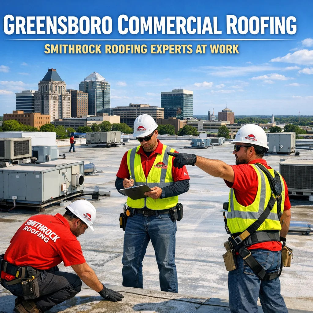 Smithrock Roofing crew inspecting a flat commercial roof in Greensboro with HVAC units and city district in background.