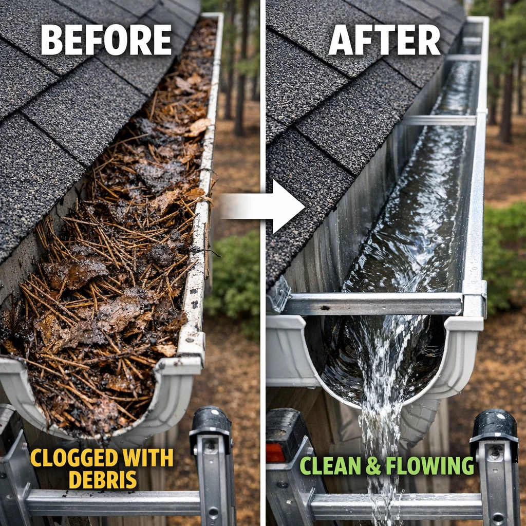 Before and after gutter cleaning estimate results: pine needle debris removed, water flowing freely through downspout.