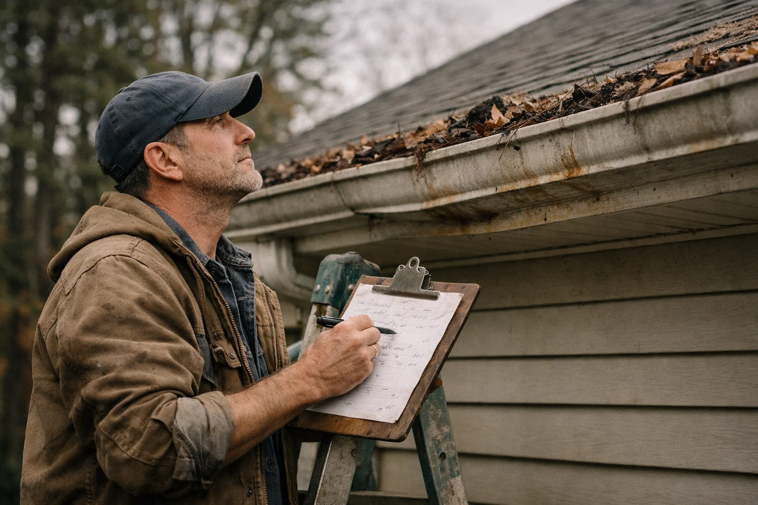 Contractor inspecting gutters filled with debris to provide a gutter cleaning estimate for a residential home.
