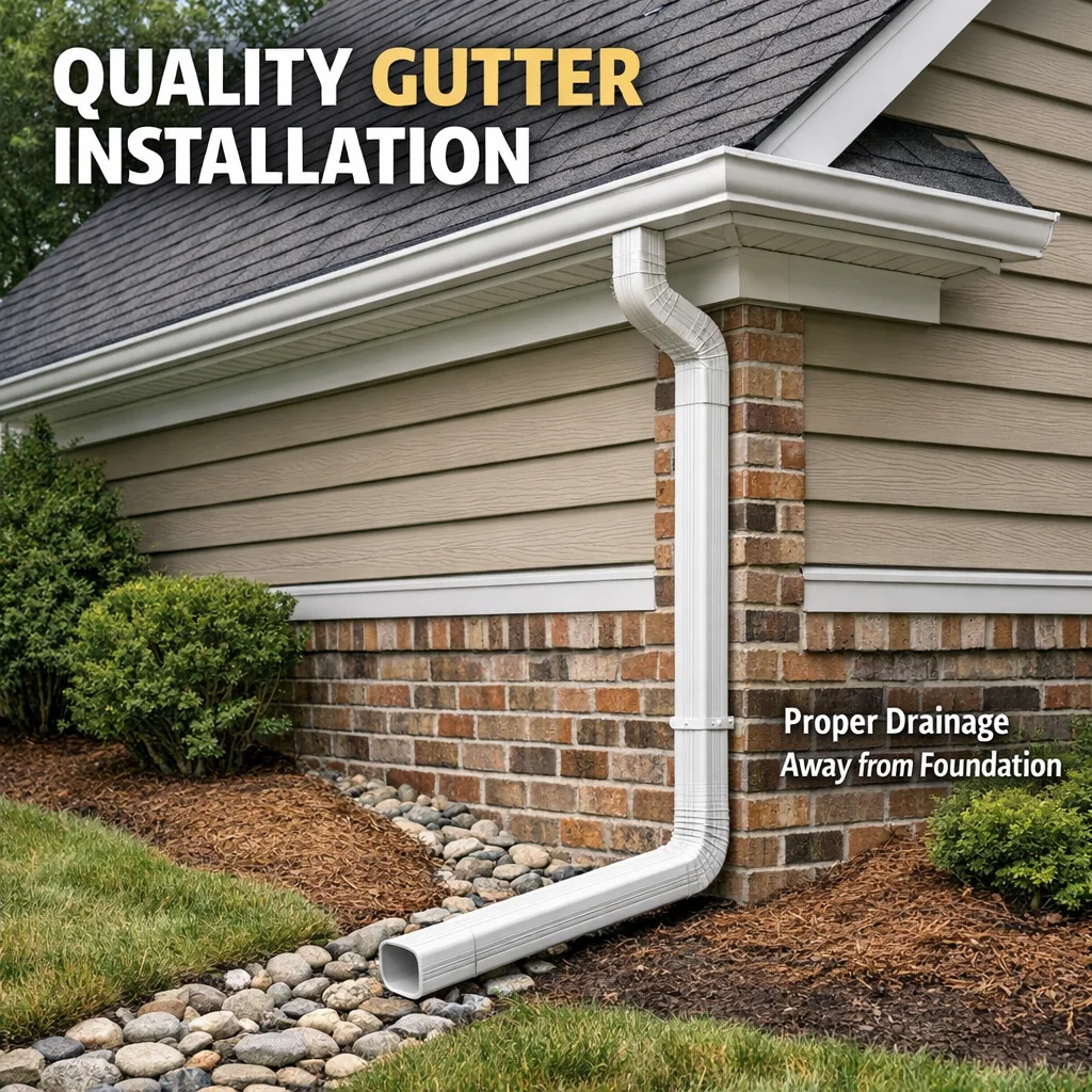 Seamless aluminum gutter system on a Triad-area home showing professional installation quality and proper downspout placement