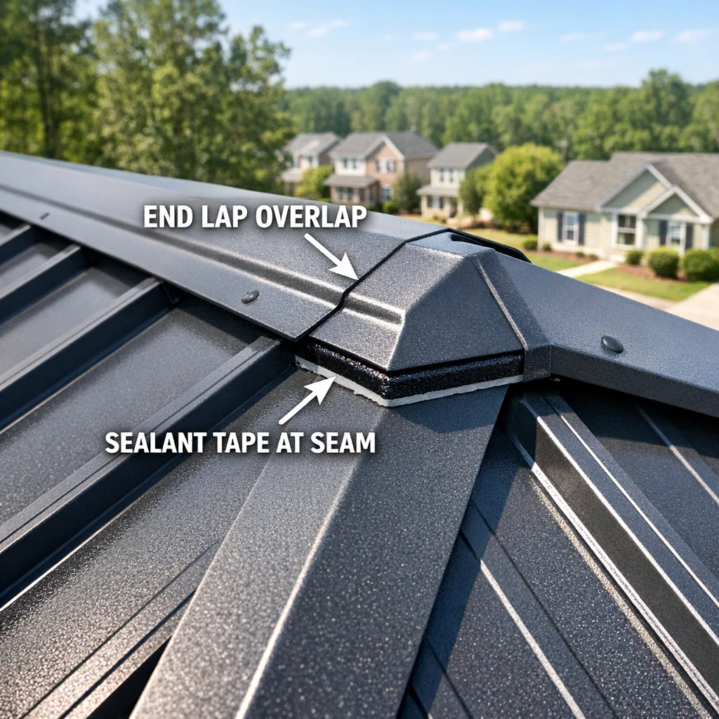 Standing seam metal roofing ridge cap with end lap overlap and sealant tape on a residential home in North Carolina