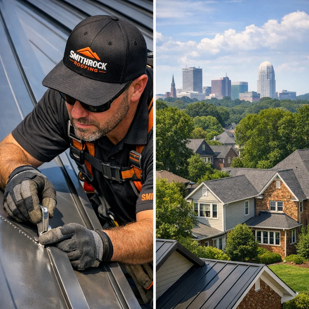 Smithrock Roofing crew member inspecting standing seam metal roof seams with Winston-Salem neighborhood in background.