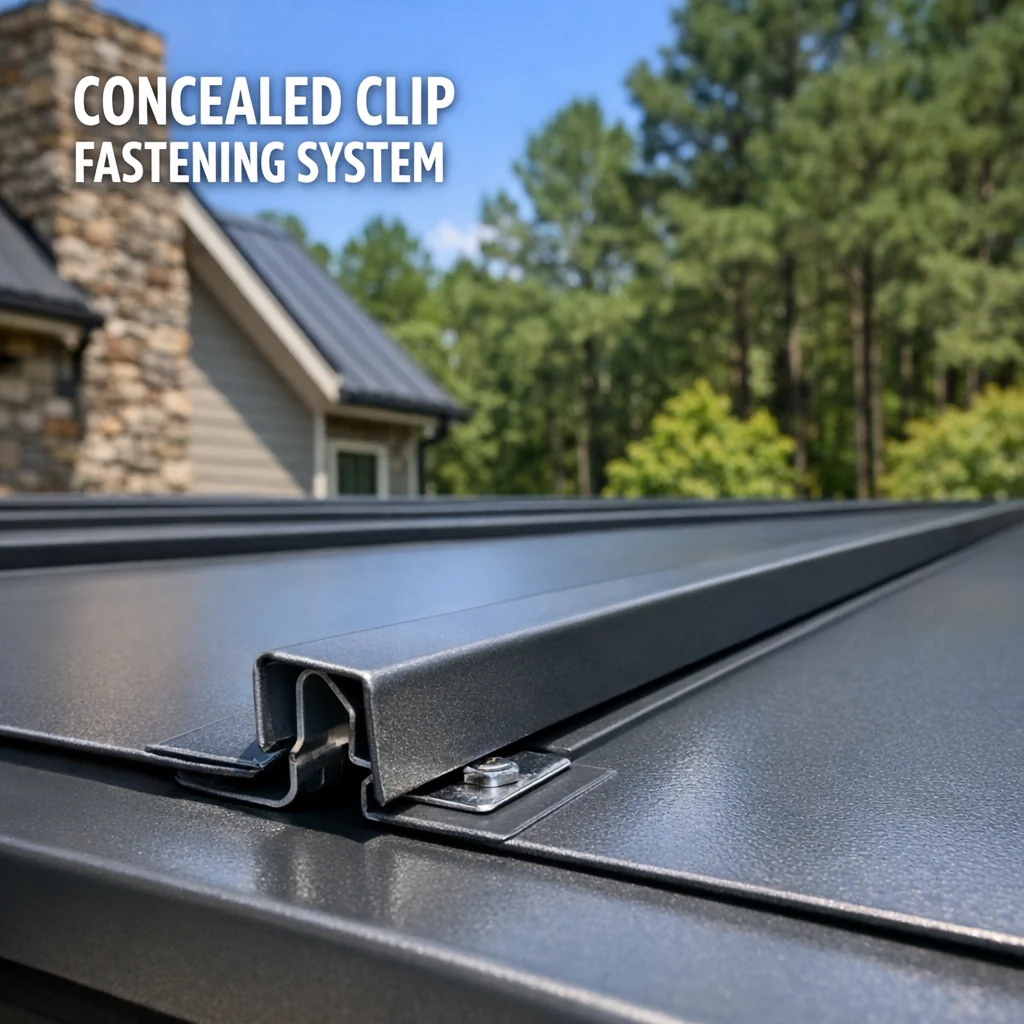Standing seam metal roof panel with concealed clip fastening system installed by a metal roof installation company in NC.