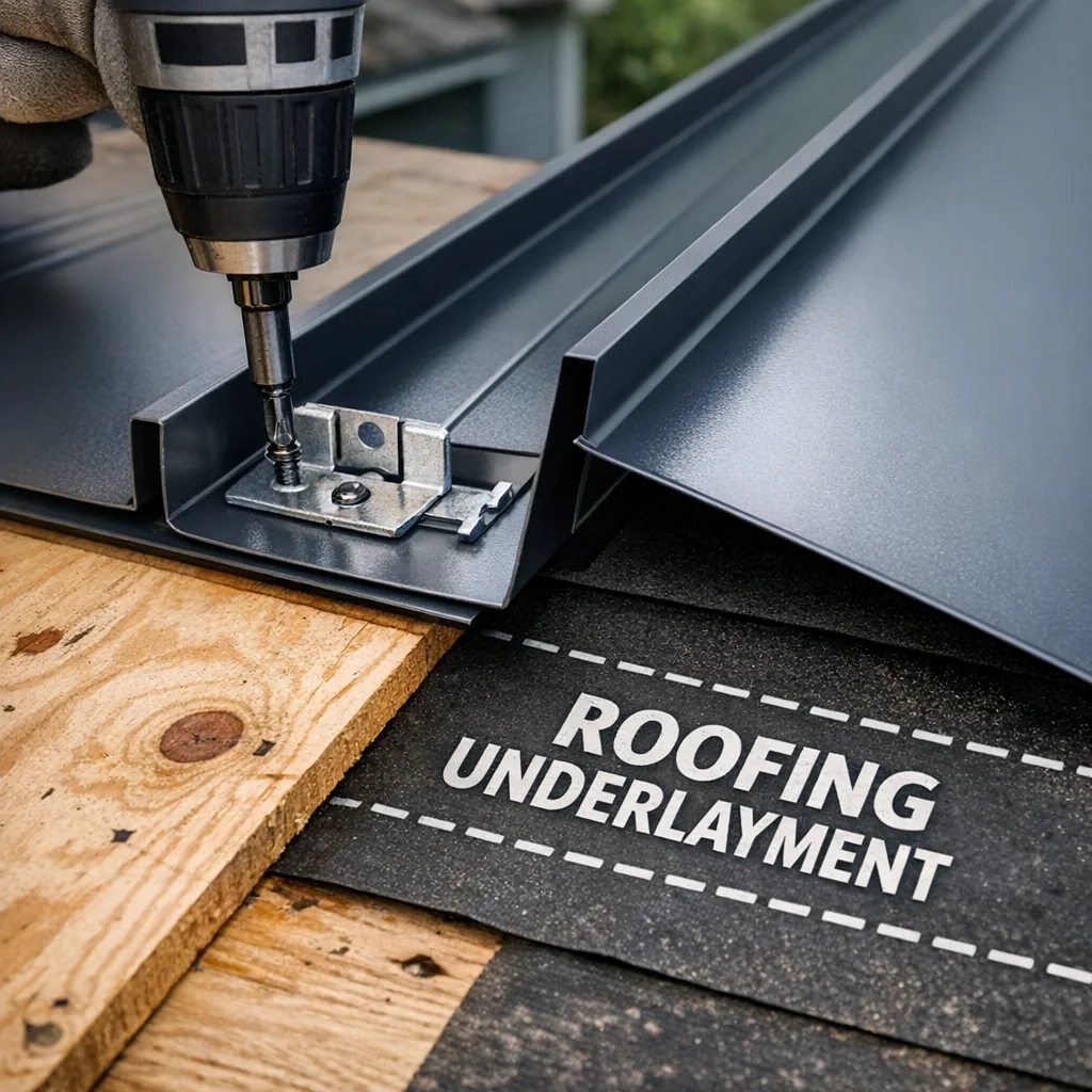 Metal roof installation contractor securing a concealed clip into a standing seam panel on a residential home.