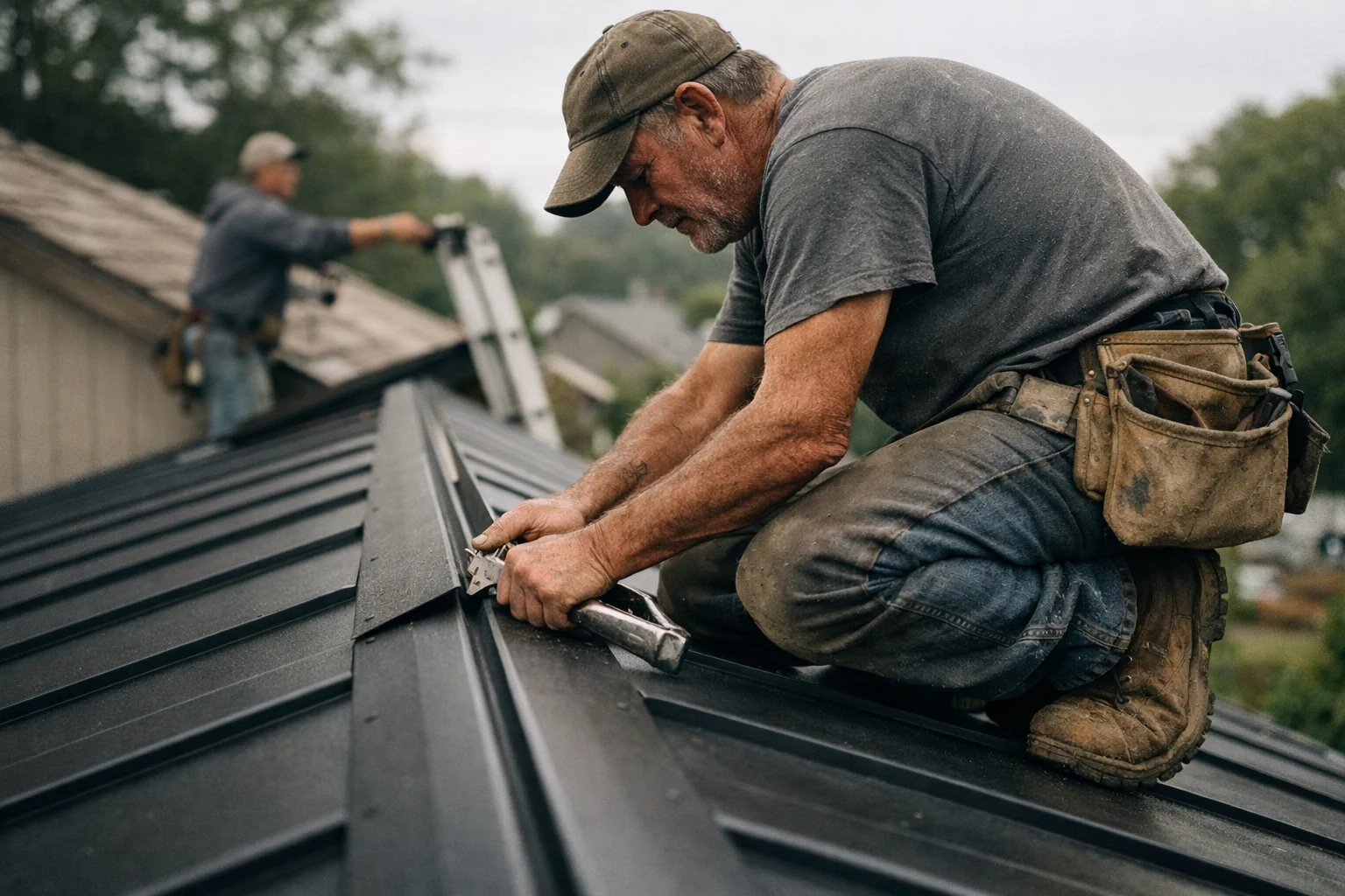 Professional metal roof installation contractors fitting standing seam panels on a residential home in the NC Triad area.