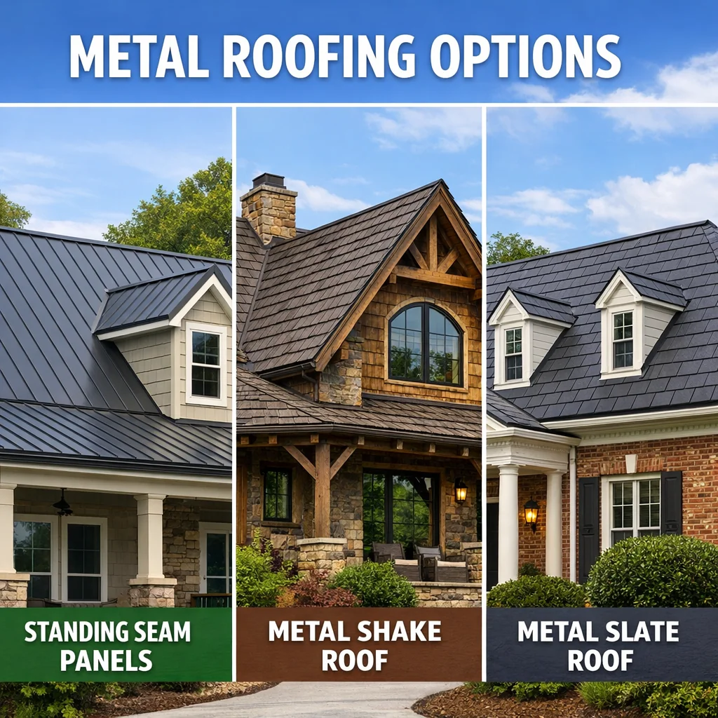Three metal roofing styles in Greensboro NC: standing seam panels, interlocking shake, and slate profiles on residential home