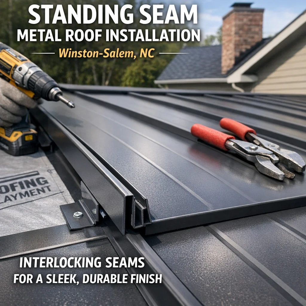 Standing seam metal roofing installation in Winston-Salem NC showing interlocking raised seams on a residential roofline.