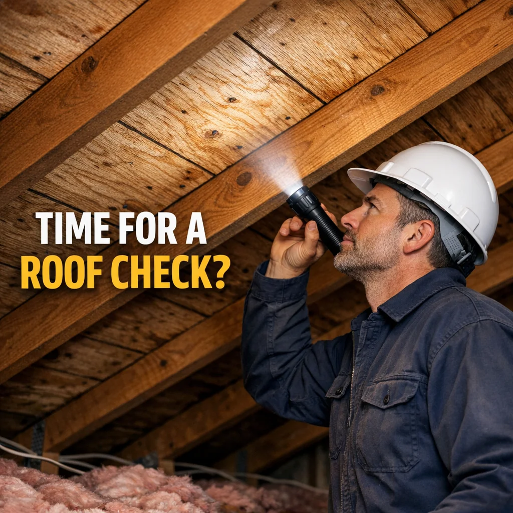 Roofer inspecting attic rafters with flashlight to determine if you need a new roof