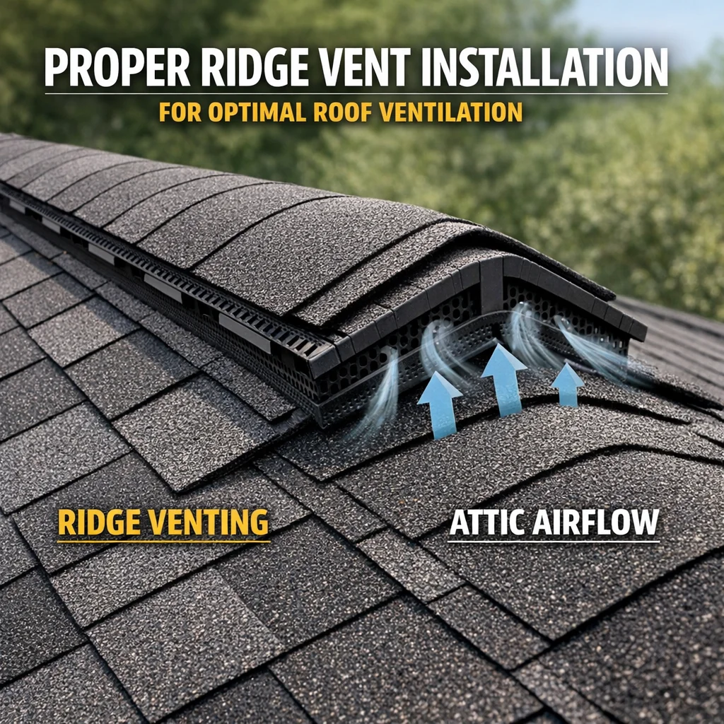 Close-up of ridge vent installation on a new roof replacement, showing uniform shingle courses and a cleanly finished peak.
