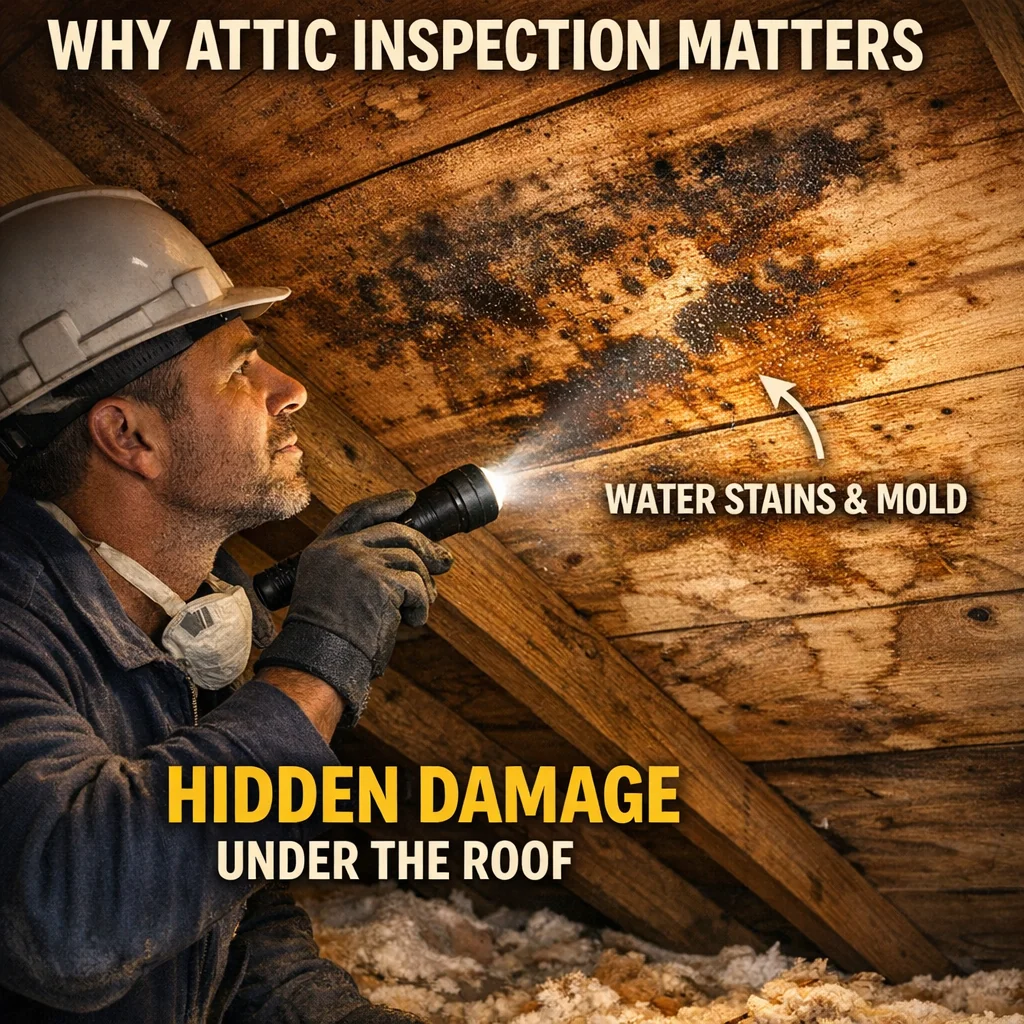 Contractor using flashlight to inspect moisture stains on attic roof sheathing, revealing hidden damage in old roofing