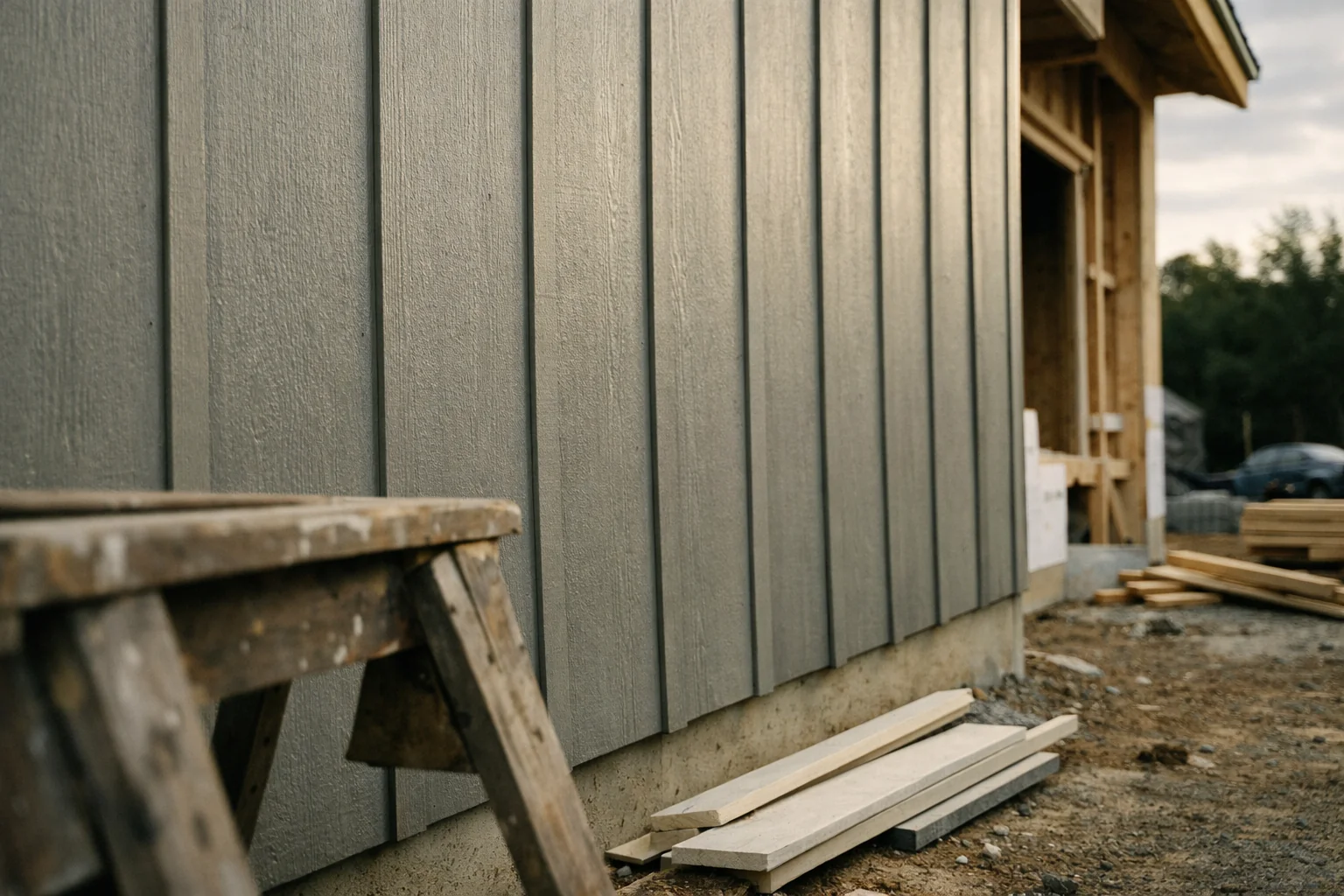Close-up view of vertical panel siding installed on a home exterior, showcasing the board-and-batten style cladding.