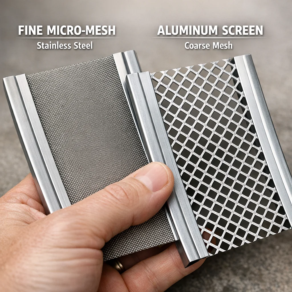 Hand comparing fine micro-mesh and coarse aluminum rain gutter guards side by side, highlighting mesh texture and thickness d