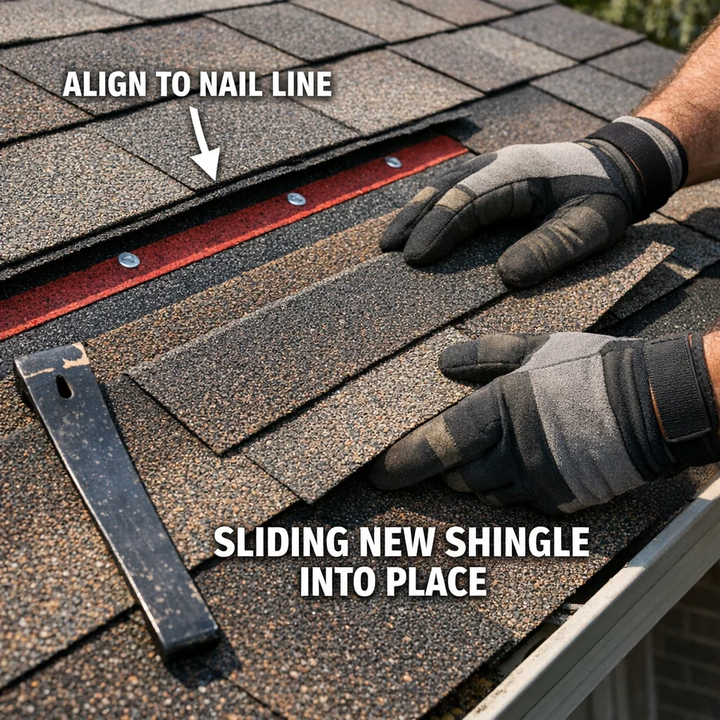 Gloved hands sliding a new shingle into place to repair roof shingles, with a pry bar resting on the overlapping course.