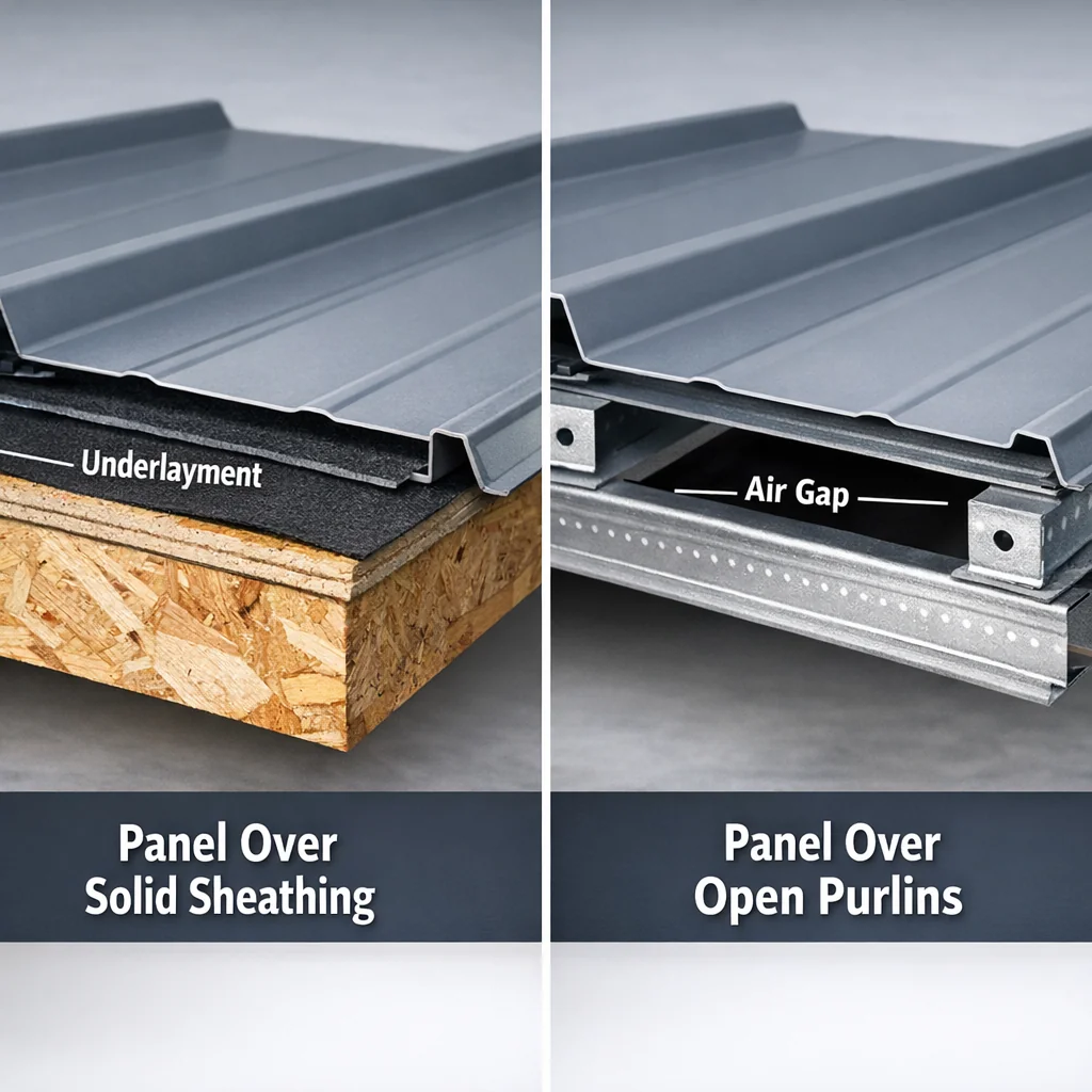 Cross-section comparison of metal roof panels over solid sheathing vs. open purlins, showing underlayment layers and air gap.