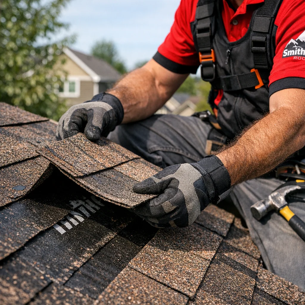 Smithrock Roofing crew member lifting shingle during residential roof repair inspection, revealing underlayment beneath in na