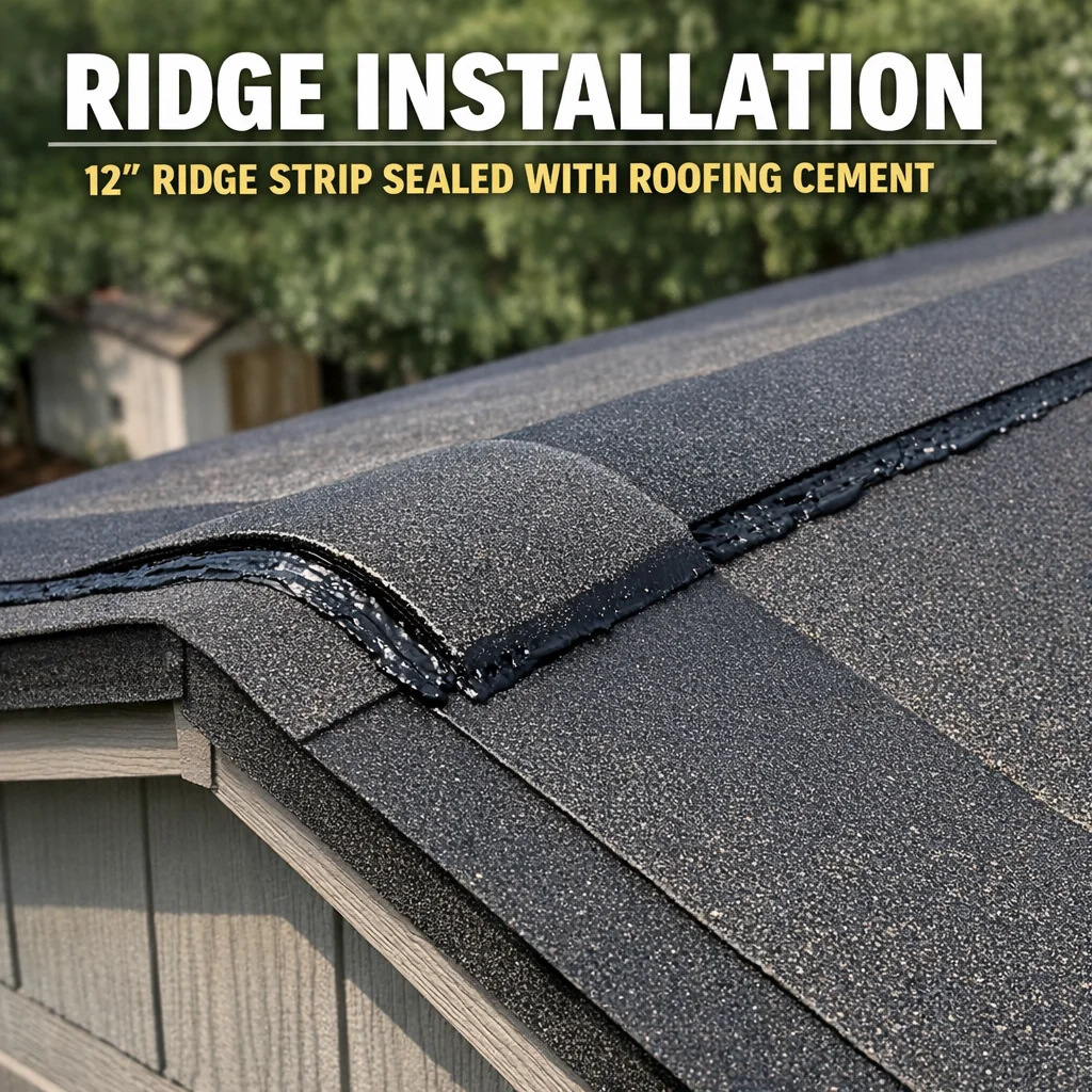 Close-up of a finished rolled asphalt roofing installation at the ridge, showing a 12-inch strip centered over the peak with 