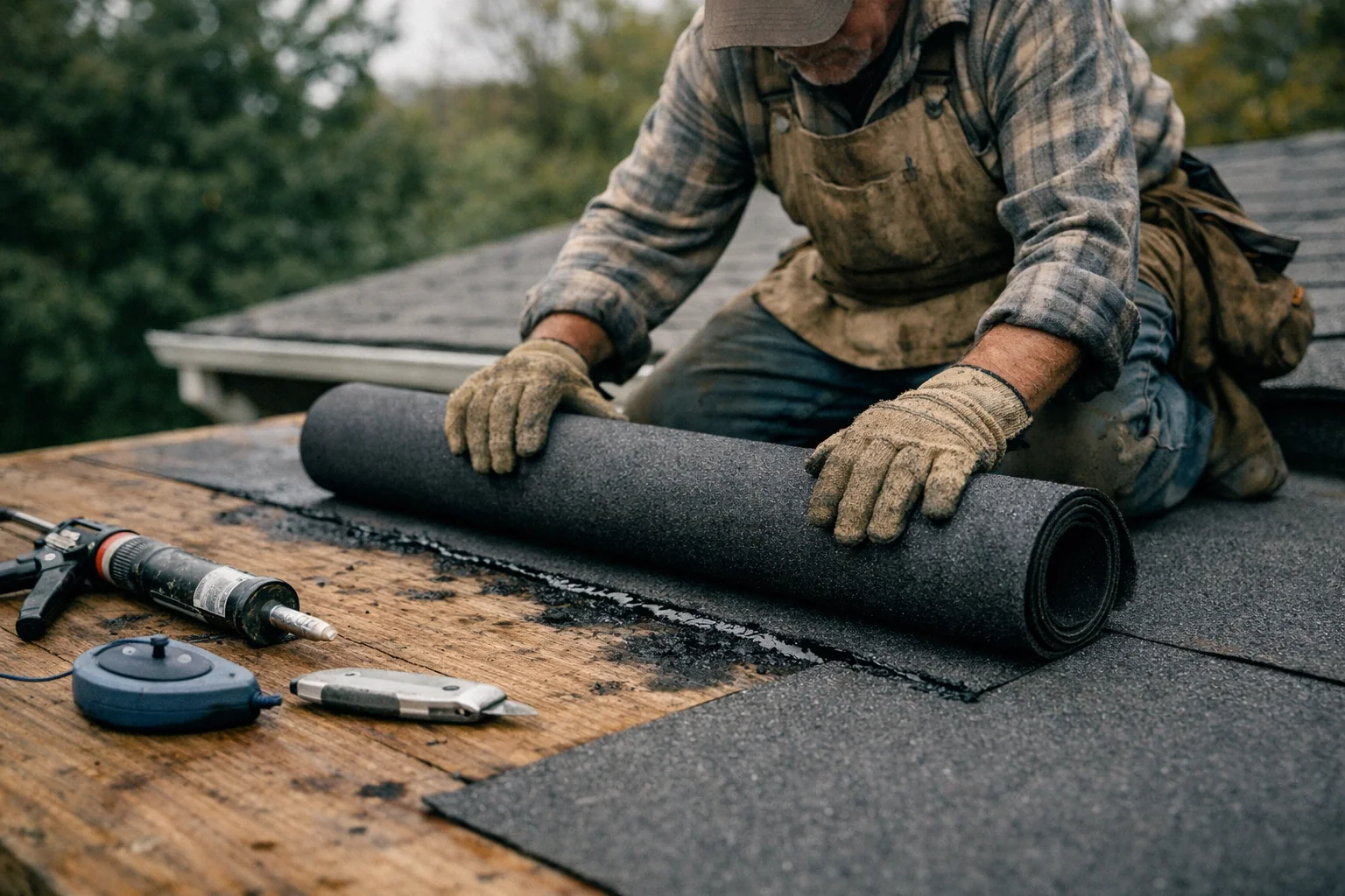 Worker installing rolled asphalt roofing in overlapping horizontal courses on a low-slope roof deck