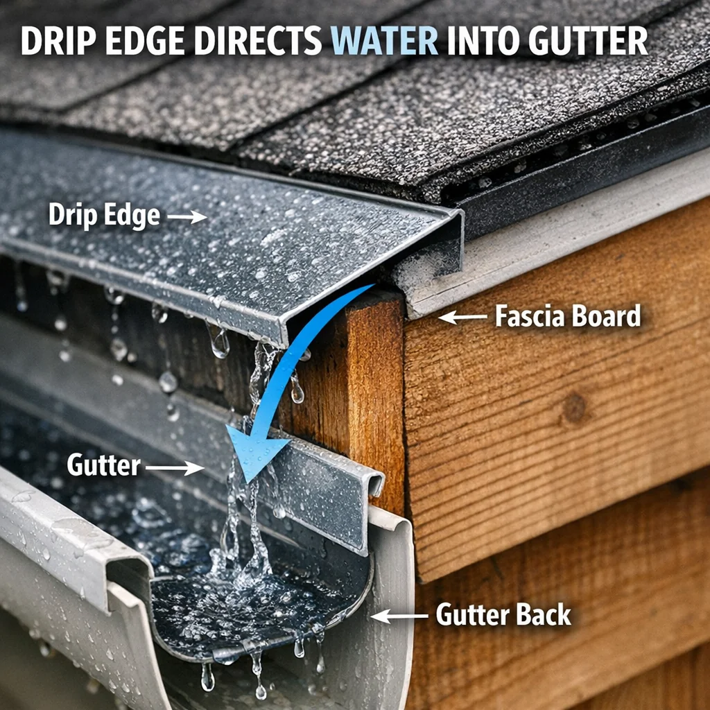 Close-up of a roof drip edge directing water into a gutter channel, showing correct fascia board and gutter alignment for roo