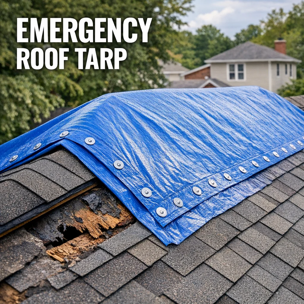 Emergency tarp secured over residential roof ridge with mechanical fasteners for temporary roof repair after storm damage.
