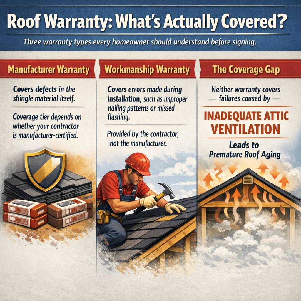 Roof warranty infographic covering manufacturer, workmanship, and coverage gaps for homeowners using roof installation servic