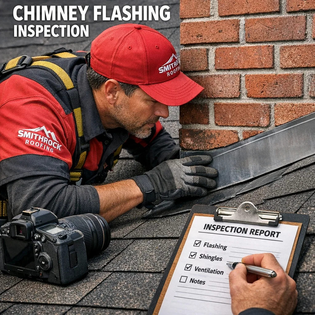 Smithrock Roofing crew member inspecting chimney flashing during professional roof installation services