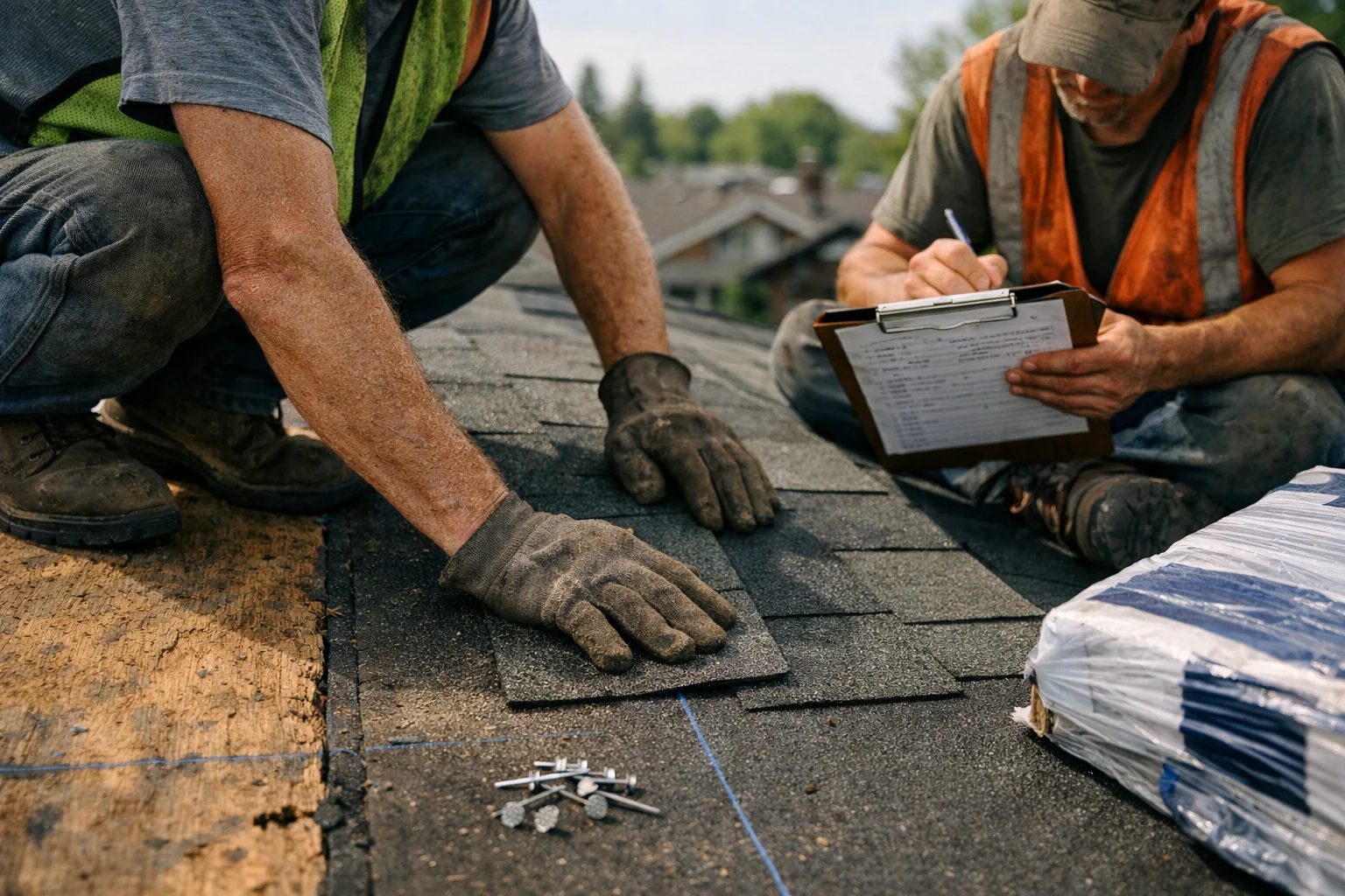 Certified roofing contractors performing a professional roof installation on a residential home with new shingles.