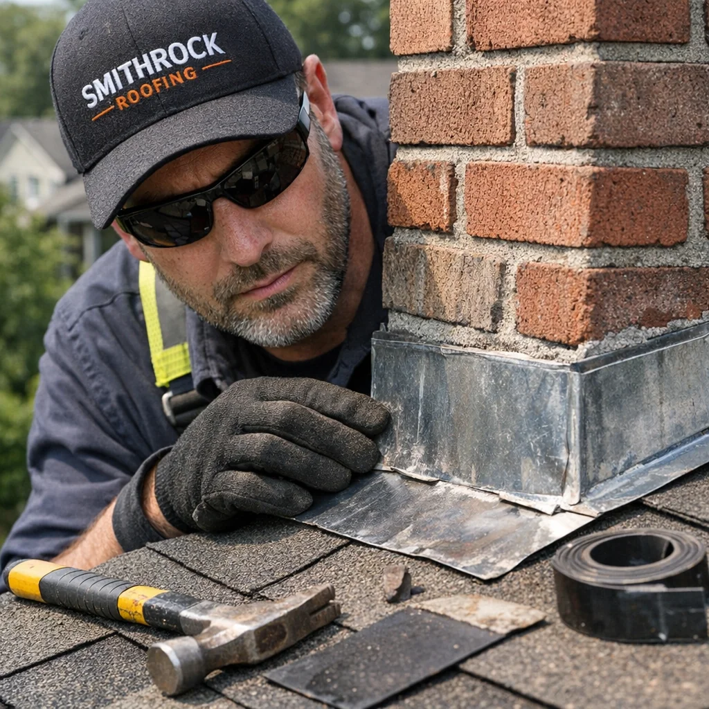Roof leak repair contractor inspecting chimney flashing on a residential home with tools nearby.