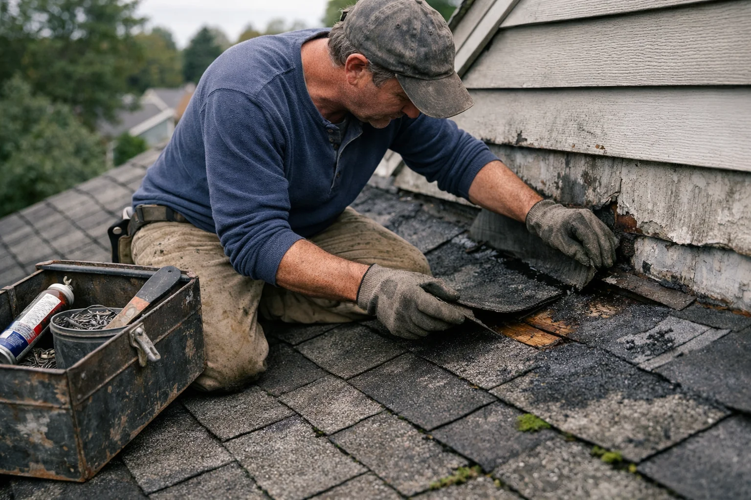 Roof leak repair contractors inspecting shingle and flashing damage on a residential roof in NC Triad area