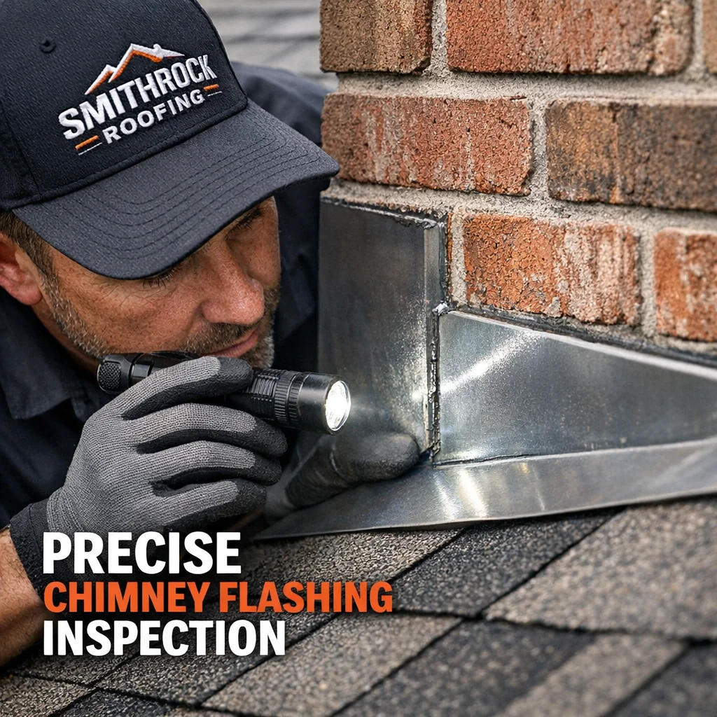 Roofing technician inspecting chimney flashing during roof repair, showing metal-to-masonry junction with intact shingles nea