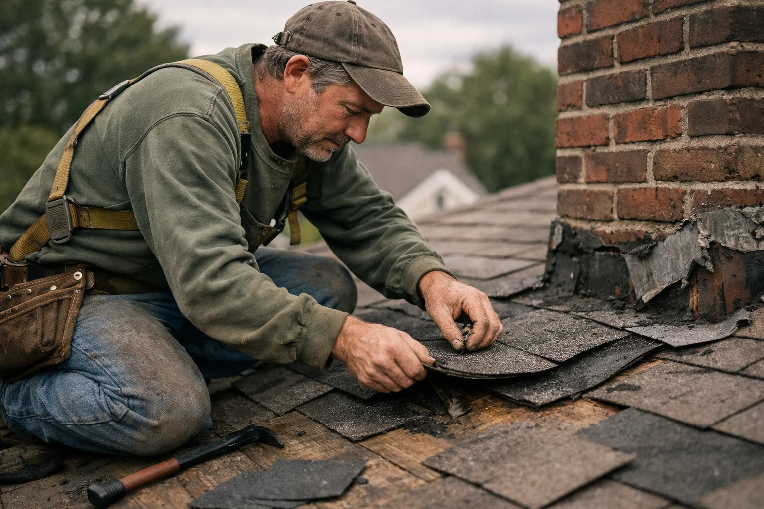 Close-up of damaged roof shingles showing wear and potential leak points, illustrating key roof repair and replacement considerations.